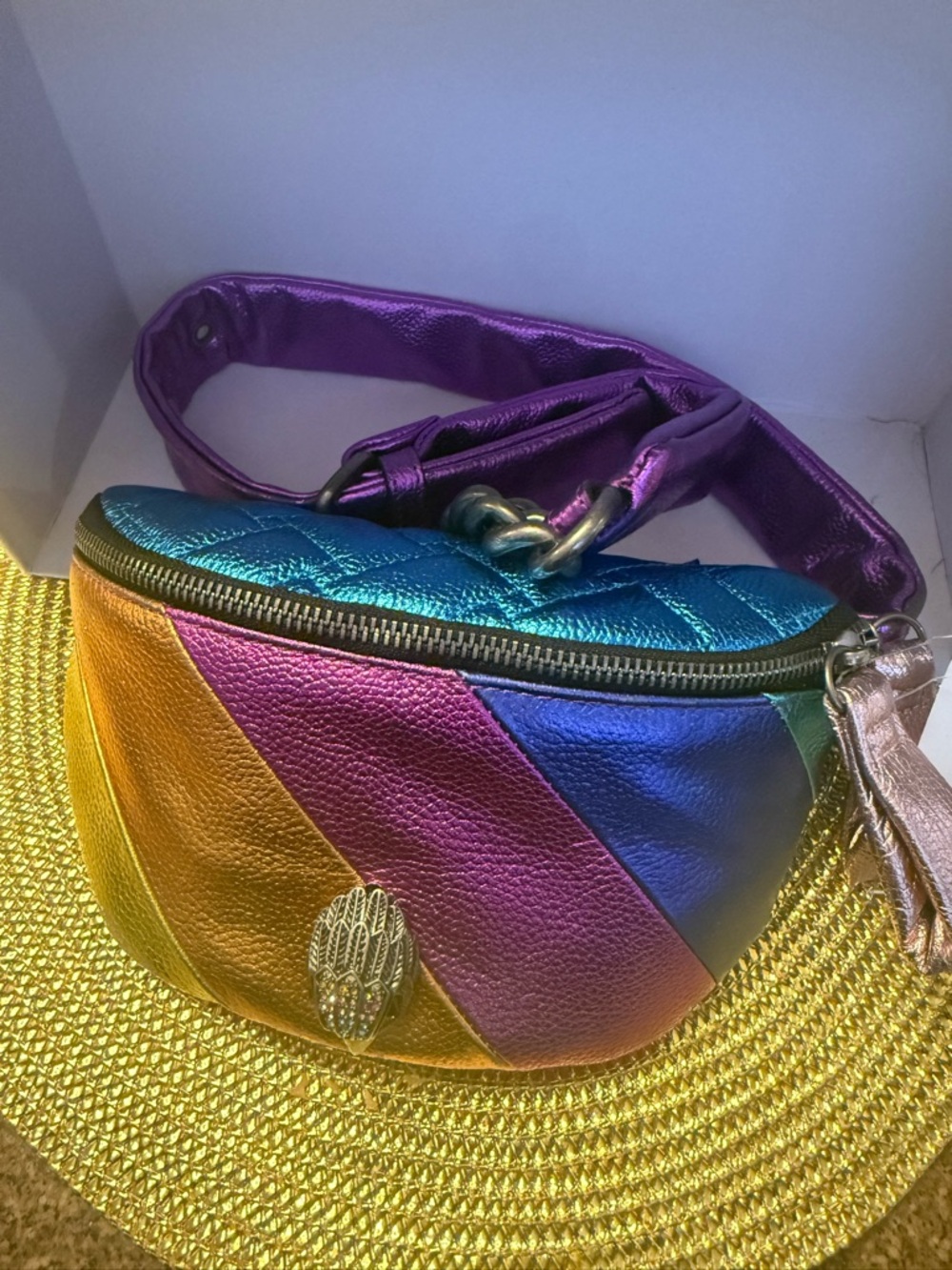 Metallic Rainbow Leather Belt Bag - Purple, Teal, Gold
